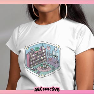 May include: A white t-shirt with a graphic of a bookshelf, a couch, and a coffee table in a room. The graphic is in a cartoon style with pastel colors.
