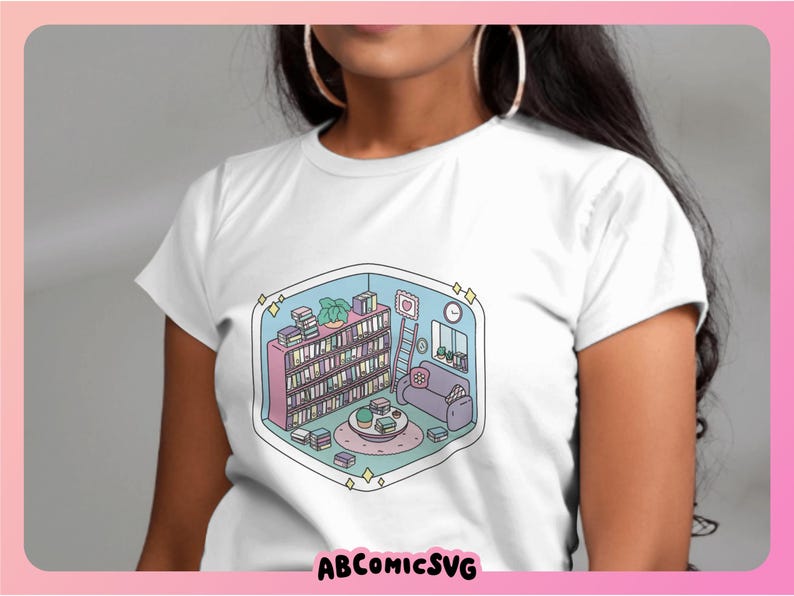 May include: A white t-shirt with a graphic of a bookshelf, a couch, and a coffee table in a room. The graphic is in a cartoon style with pastel colors.