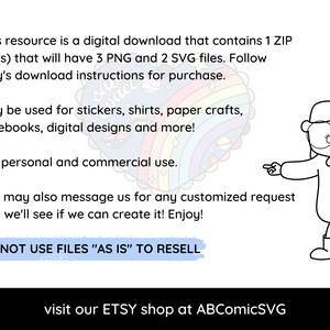 May include: A black and white illustration of a person pointing to a rainbow heart with stars and the text "DO NOT USE FILES "AS IS" TO RESELL". The text below the image says "visit our ETSY shop at ABComicSVG".