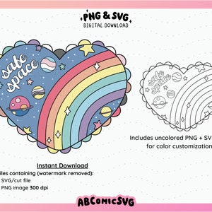 May include: A digital download of a heart-shaped design with a rainbow and planets. The text "safe space" is written in a blue circle. The design is also available in a black and white outline.