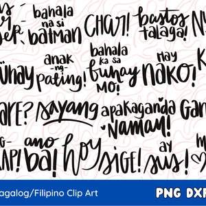 Tagalog filippino parole disegnate a mano, pacchetto clip art con citazioni, uso commerciale PNG DXF