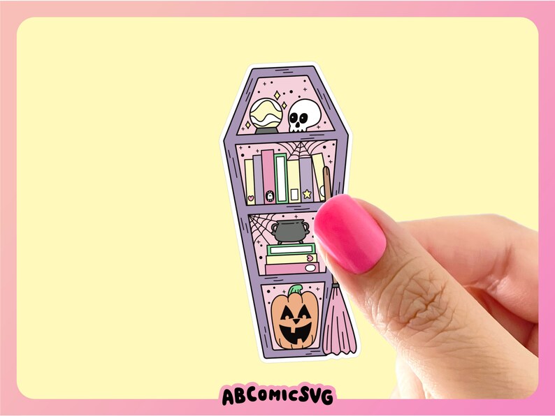 May include: A purple coffin-shaped bookshelf with a skull, a cauldron, books, a crystal ball, and a pumpkin on the shelves. The bookshelf has a spiderweb design and a pink background.