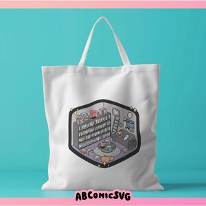 May include: White tote bag with a black and white illustration of a bookshelf filled with books, a small table with a lamp, and a couch with a throw pillow. The illustration is in a cartoon style.