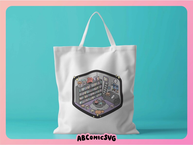 May include: White tote bag with a black and white illustration of a bookshelf filled with books, a small table with a lamp, and a couch with a throw pillow. The illustration is in a cartoon style.