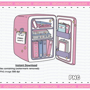 Pode incluir: Um refrigerador de desenho animado rosa e roxo com a porta aberta. O refrigerador est&aacute; cheio de livros e tem uma nota na frente que diz "Comprar livros de comida".