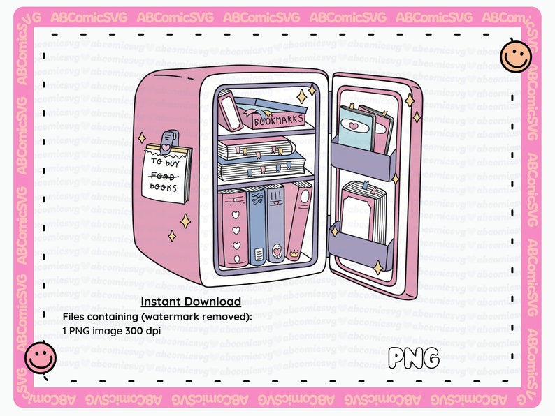 Pode incluir: Um refrigerador de desenho animado rosa e roxo com a porta aberta. O refrigerador est&aacute; cheio de livros e tem uma nota na frente que diz "Comprar livros de comida".