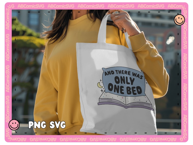 May include: A white tote bag with a blue pillow and a book design. The pillow has the text "And there was only one bed".