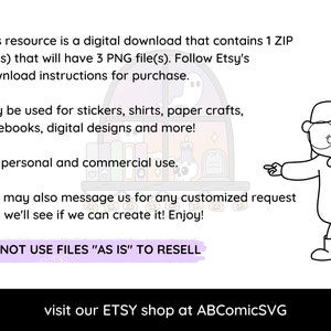 May include: Black and white digital graphic of a cartoon girl with glasses pointing. Text details the digital download, its uses, and a warning against reselling the files. Visit the Etsy shop ABComicSVG.