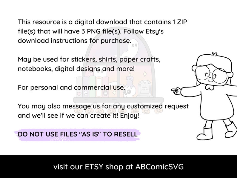 May include: Black and white digital graphic of a cartoon girl with glasses pointing. Text details the digital download, its uses, and a warning against reselling the files. Visit the Etsy shop ABComicSVG.