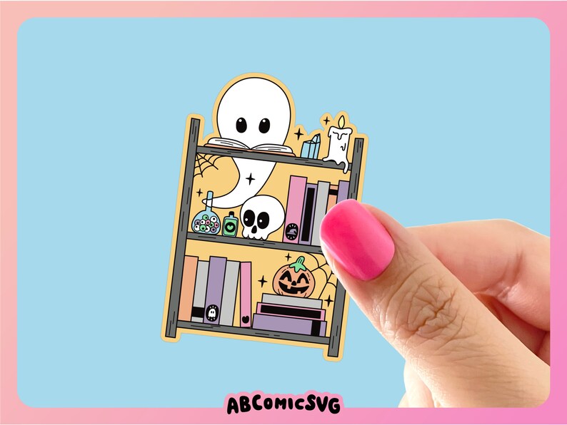 May include: A yellow bookshelf with a ghost, a skull, a pumpkin, and books. The bookshelf is decorated with stars, a spiderweb, and a candle.