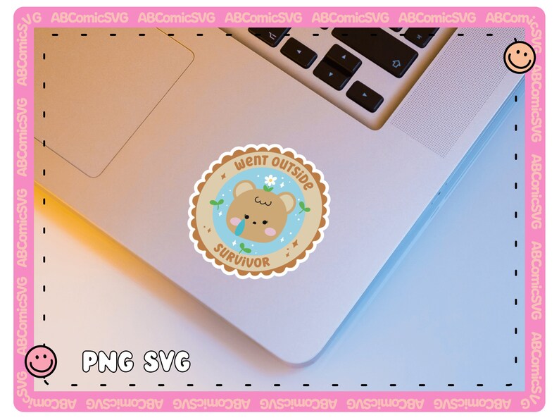 May include: A light blue and brown sticker with a cartoon bear wearing a flower crown. The sticker says "Went Outside Survivor" with a star and a small flower.