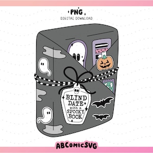 May include: A gray book with a black and white striped ribbon tied around it. The book has a tag that says "Blind Date with a Spooky Book". There are ghosts and a pumpkin on the book.