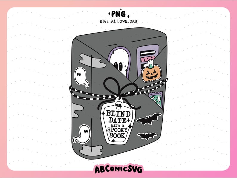 May include: A gray book with a black and white striped ribbon tied around it. The book has a tag that says "Blind Date with a Spooky Book". There are ghosts and a pumpkin on the book.