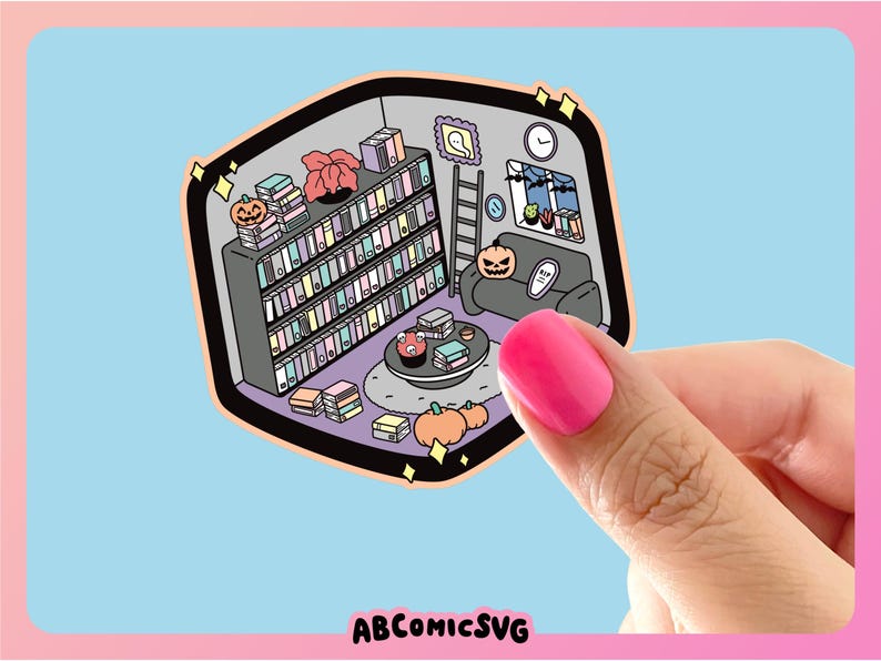 May include: A sticker featuring a cartoon illustration of a cozy living room with a bookshelf filled with colorful books, a couch, a coffee table with a pumpkin and a book, and a ladder. The sticker has a light blue background and the text "ABCOMICSVG" at the bottom.