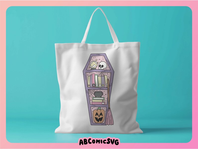 May include: A white tote bag featuring a purple coffin-shaped bookshelf design. The bookshelf is filled with books, a skull, a cauldron, a pumpkin, and a broom.