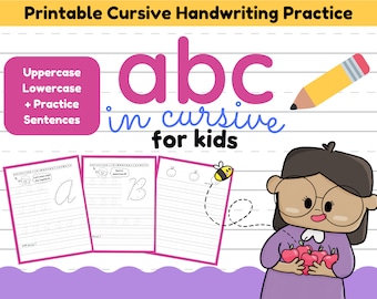 May include: Printable cursive handwriting practice sheets for kids featuring the letters a, b, and c. The sheets have lined spaces for practicing cursive letters. A cartoon girl with glasses is holding apples and a bee is flying near an apple.