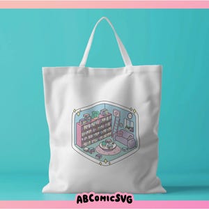 May include: A white tote bag with a colorful illustration of a bookshelf, ladder, and a couch in a room. The illustration is surrounded by a light blue border with stars.