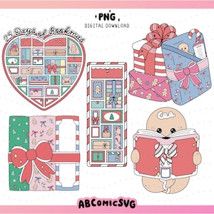 May include: A digital download graphic with a Christmas theme. The image features a heart-shaped advent calendar, gift boxes, and a gingerbread person reading a book. Text includes "25 Days of Bookmas" and "PNG Digital Download".