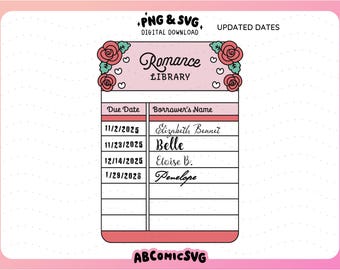 Romance Library Due Card SVG PNG, Romance Books SVG, Trendy Designs for Stickers, Magnetic Bookmarks, Tshirts, Sweatshirts, Keychains, Mugs