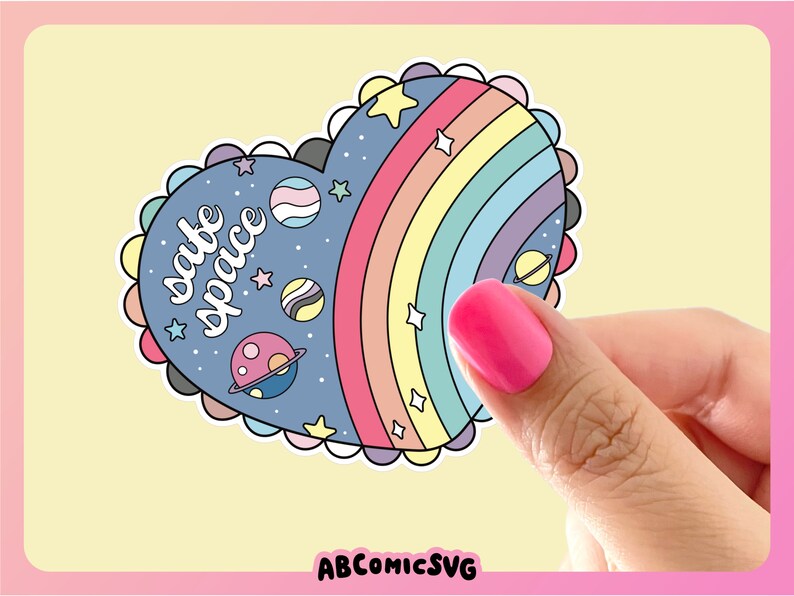 May include: A blue heart-shaped sticker with a rainbow, stars, and planets. The text "safe space" is written in white on the sticker.