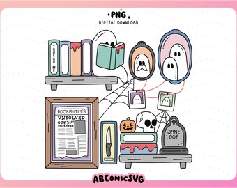 Halloween True Crime Reader Bookshelf PNG, Reading Ghost PNG, Spooky Book Club PNG, True Crime Junkie, Murder Mystery, Bookish Fall Clipart