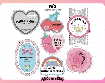 May include: A collection of digital download stickers with various designs and text. The stickers include phrases like "Morally Grey Content," "Forbidden Fruit," and "Extra Hot & Spicy." Other stickers feature a rainbow, cherries, and a rose.