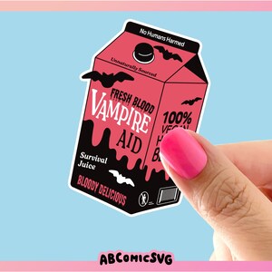 May include: A red and black cartoon illustration of a carton of vampire aid. The carton has a dripping black liquid and bats on it. The text on the carton reads "Fresh Blood Vampire Aid, 100% Vegan Human Blood, Survival Juice, Bloody Delicious, No Humans Harmed, Unnaturally Sourced".