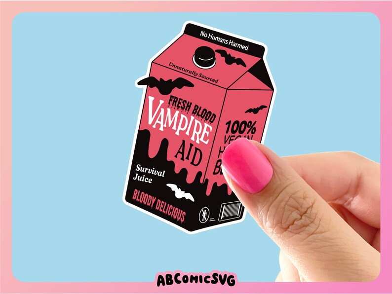 May include: A red and black cartoon illustration of a carton of vampire aid. The carton has a dripping black liquid and bats on it. The text on the carton reads "Fresh Blood Vampire Aid, 100% Vegan Human Blood, Survival Juice, Bloody Delicious, No Humans Harmed, Unnaturally Sourced".