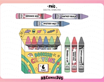 Book Lover Crayons Bundle PNG, Bookish Bundle, Teacher PNG, Librarian PNG, Trendy Designs for Stickers, Bookmarks, Badge Reels (Clipart)