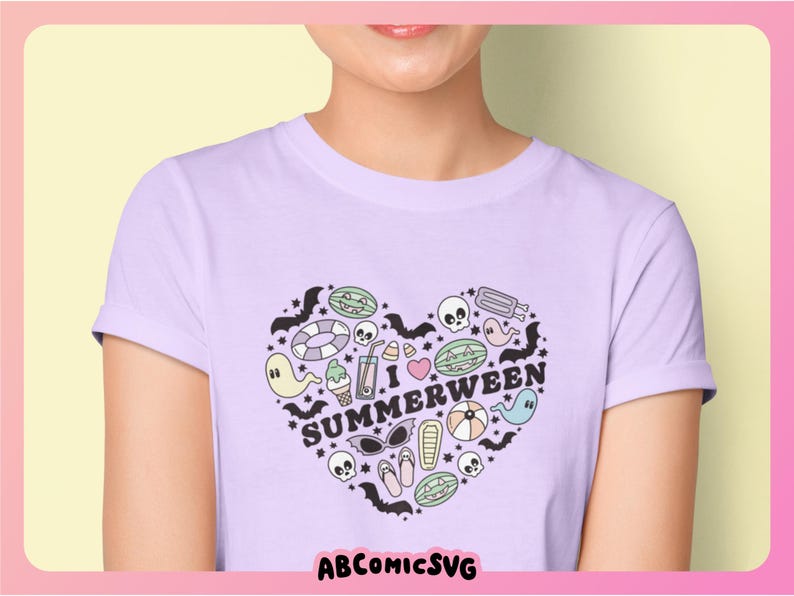 May include: A lilac t-shirt with a heart-shaped design that reads "I SUMMERWEEN". The design incorporates summer and Halloween elements like bats, ghosts, skulls, ice cream, and watermelon. The text "ABCOMICSVG" is at the bottom of the shirt.