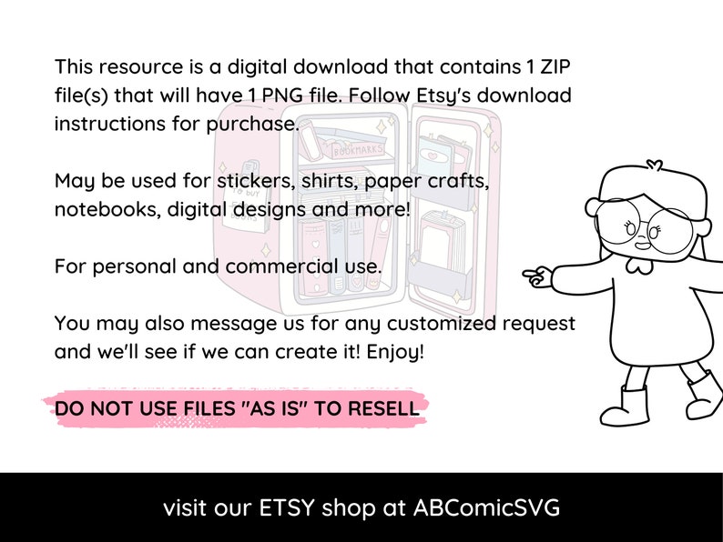 Pode incluir: Um download digital de um &uacute;nico arquivo PNG de uma estante rosa e branca com o texto "BOOKMARKS" na frente. A imagem &eacute; acompanhada de um texto que indica que o arquivo &eacute; para uso pessoal e comercial e que n&atilde;o deve ser revendido. O texto tamb&eacute;m inclui a frase "visite nossa loja ETSY em ABComicSVG".