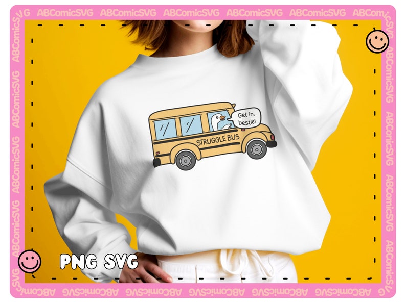 Pode incluir: Uma camisa de moletom branca com um gr&aacute;fico de &ocirc;nibus escolar amarelo. O &ocirc;nibus tem um ganso dirigindo e um bal&atilde;o de fala que diz "Entre, bestie!" O &ocirc;nibus &eacute; rotulado como "Struggle Bus".