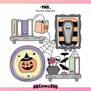 Półka na książki z horrorem na Halloween PNG, Duch czytający PNG, Dynia PNG, Straszny klub książki, Książkowe PNG, Jesienny clipart