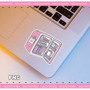 Pode incluir: Um adesivo rosa e branco de uma geladeira aberta com prateleiras cheias de v&aacute;rios itens, incluindo uma nota que diz "To Do List". O adesivo est&aacute; em um laptop.