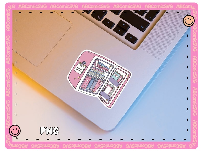 Pode incluir: Um adesivo rosa e branco de uma geladeira aberta com prateleiras cheias de v&aacute;rios itens, incluindo uma nota que diz "To Do List". O adesivo est&aacute; em um laptop.