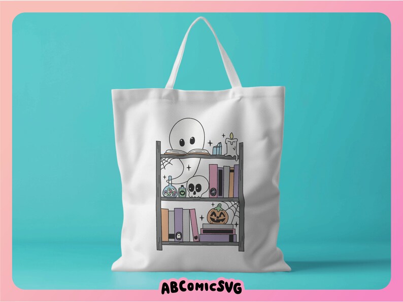 May include: White tote bag featuring a ghost reading a book on a bookshelf filled with books, potions, and a pumpkin. The bookshelf has a spiderweb design.