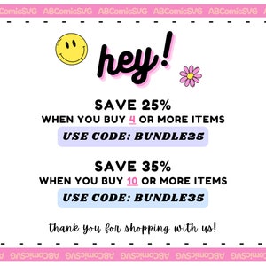 Pode incluir: Gr&aacute;fico rosa e branco com um rosto sorridente e o texto "hey!" em rosa e branco. O gr&aacute;fico tamb&eacute;m inclui o texto "SAVE 25% WHEN YOU BUY 4 OR MORE ITEMS USE CODE: BUNDLE25 SAVE 35% WHEN YOU BUY 10 OR MORE ITEMS USE CODE: BUNDLE35 thank you for shopping with us!"