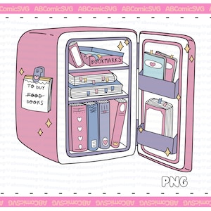 Pode incluir: Uma geladeira rosa e branca com a porta aberta, cheia de livros. A geladeira tem uma nota no lado que diz "Comprar livros de comida".