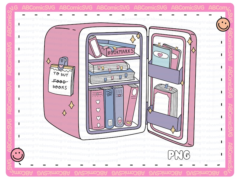 Pode incluir: Uma geladeira rosa e branca com a porta aberta, cheia de livros. A geladeira tem uma nota no lado que diz "Comprar livros de comida".