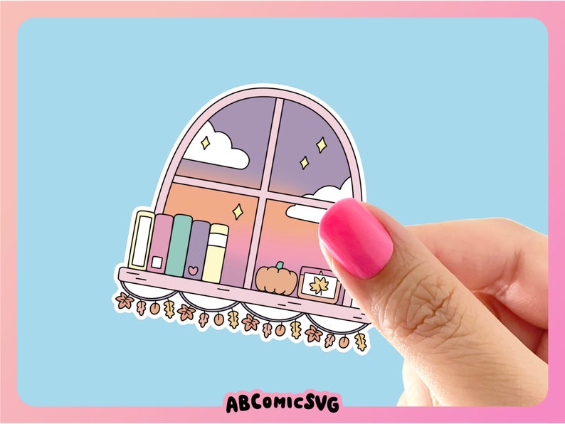 May include: A sticker depicting a window scene with a bookshelf, pumpkin, and autumn leaves. The window shows a sunset with clouds and stars. The text "ABCOMICSVG" is at the bottom.