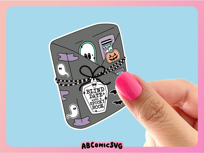 May include: A black and white sticker with a spooky book theme. The sticker says "Blind Date with a Spooky Book".