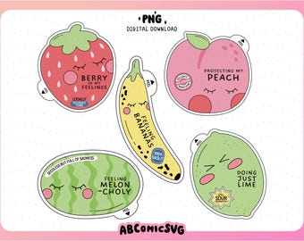 Sad Fruit Label PNG Bundle, Produce Labels PNG, Dark Humor PNG, Punny Stickers, Relatable Designs for Tshirts, Totes, Keychains, Badge Reels