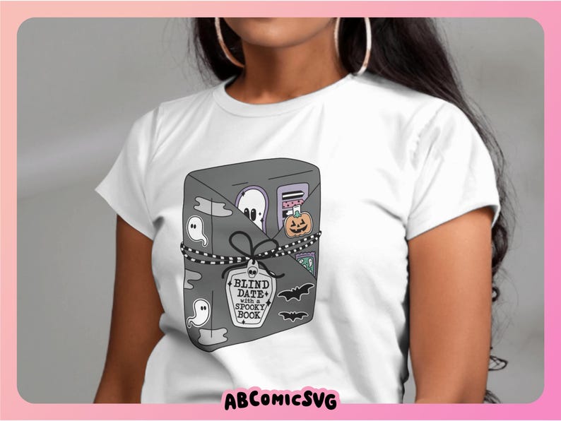 May include: White t-shirt with a graphic of a gray book tied with a black ribbon and decorated with ghosts, bats, and a pumpkin. The text on the book reads "Blind Date with a Spooky Book".