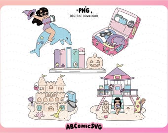Zestaw Pastel BOOK LOVER Witch Bundle PNG: Nadmorskie wzory clipart Summerween (pliki do pobrania)