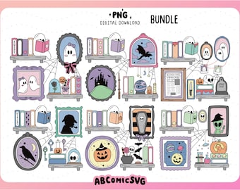 Halloween Book Lover Bookshelf PNG Bundle, Spooky Book Club PNG,  Reading Ghost PNG, Reader Clipart, Bookish Bundle