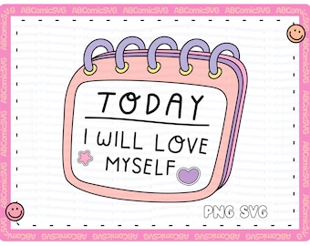 Puede incluir: Un calendario rosa y morado con el texto "TODAY I WILL LOVE MYSELF" escrito a mano. El calendario tiene un fondo rosa y anillos morados. El texto está en un contorno blanco.