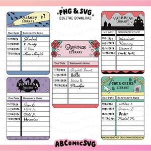 Library Due Card-bundel SVG PNG, trendy leesgrage ontwerpbestanden voor stickers, bladwijzers, T-shirts, sweatshirts, sleutelhangers, badgespoelen, mokken