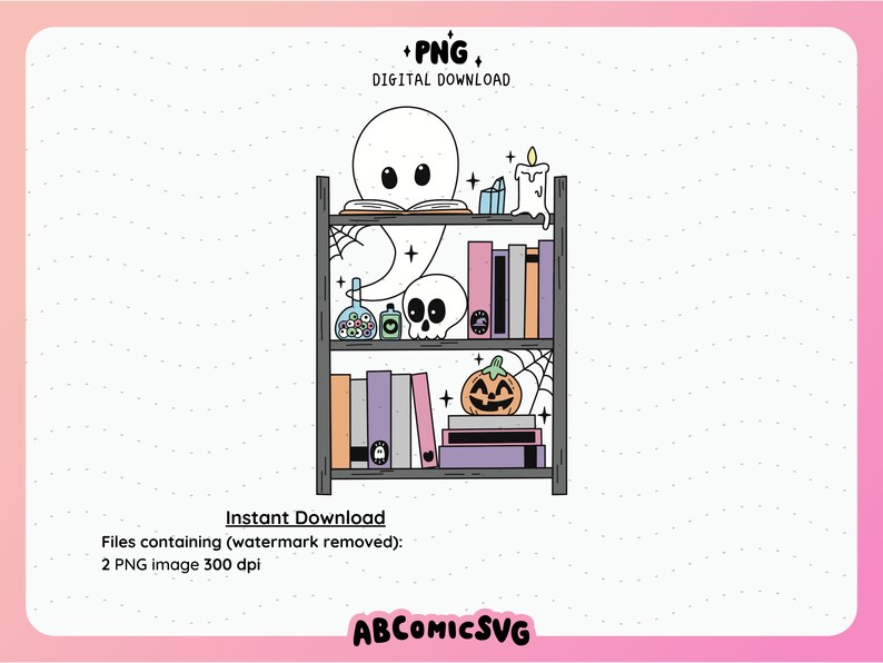 May include: A digital illustration of a white ghost reading a book on a bookshelf. The bookshelf is filled with books, a pumpkin, a skull, and potion bottles. The background is a light pink colour.
