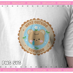 May include: A brown bear with a light blue background, wearing a flower on its head, with the text "Went Outside Survivor" in a brown circle with a white background.
