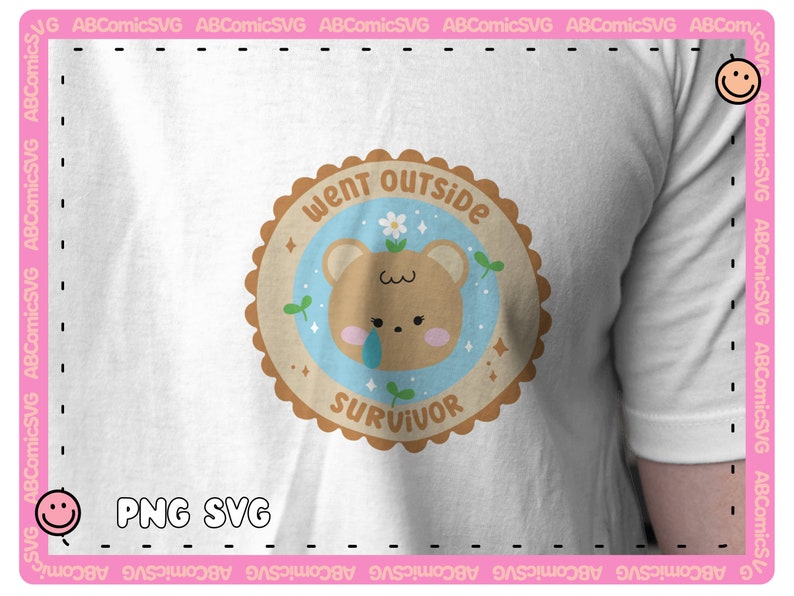 May include: A brown bear with a light blue background, wearing a flower on its head, with the text "Went Outside Survivor" in a brown circle with a white background.